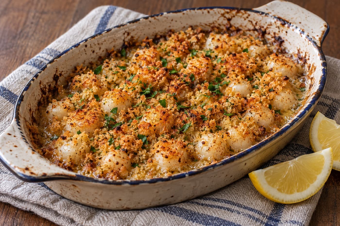 Broiled bay scallops under a golden breadcrumb crust, lemon wedges on the side