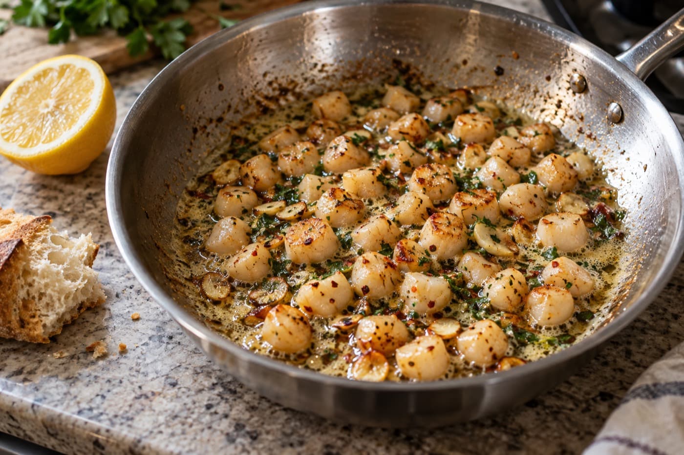 Bay scallops in garlic butter with parsley in a steel skillet, crusty bread beside it
