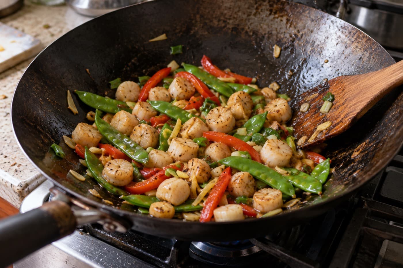 Bay scallops stir-fried with snap peas and red pepper in a wok
